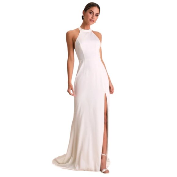 Lulus White Halter Style Wedding Dress with Lace Back NWT Size Medium - Picture 1 of 11